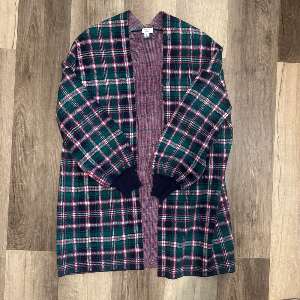 Crown & Ivy Pink, Green, & Blue Plaid Cardigan